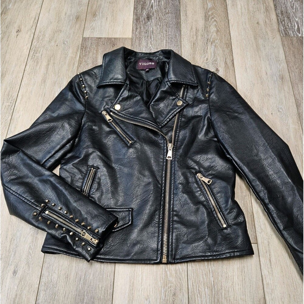 Vigoss Faux Vegan Leather Moto Biker Jacket Black Women's Medium Y2K Retro Biker